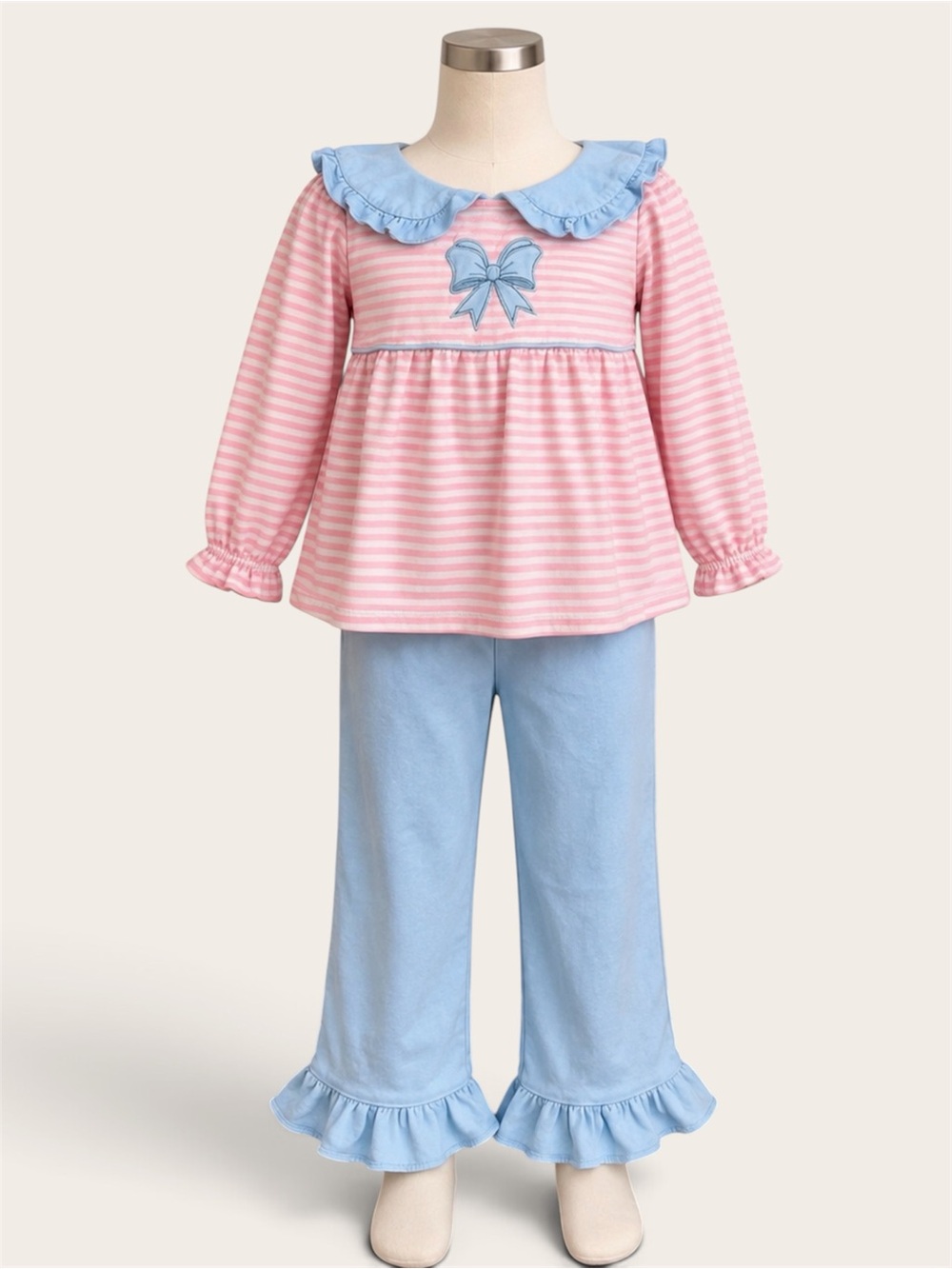 Girls Pink Striped Bow Ruffle Top Blue Ruffle Pants 2 Piece Set Approx 5T